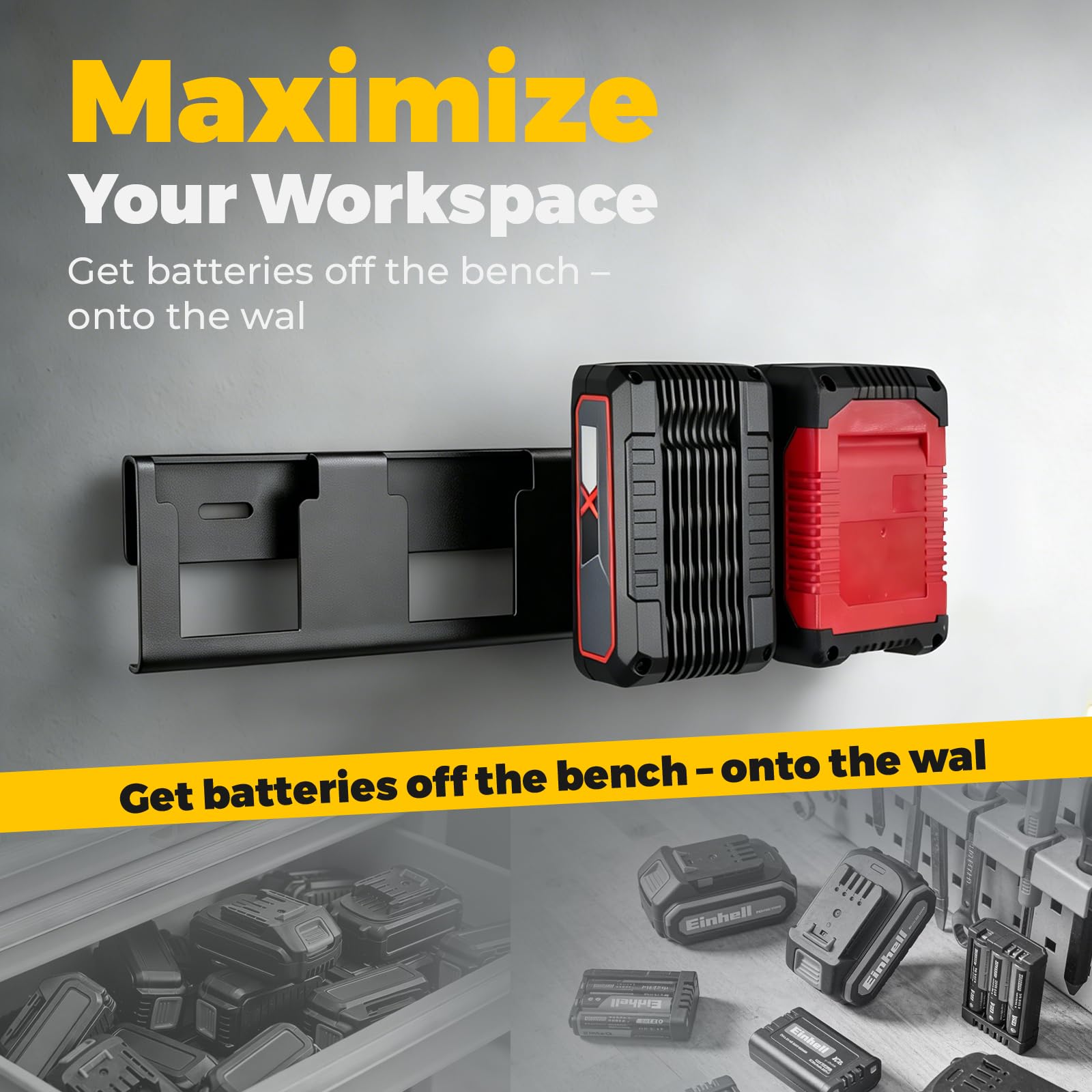 2 Support Batterie,Support Mural Compatible avec Einhell Power X-Change 18V & 36V,Peut Accueillir 8 Batteries Utilitaires,Acier Titane Durable Matériau,pour Garage,Atelier,Abri jardin,Maison