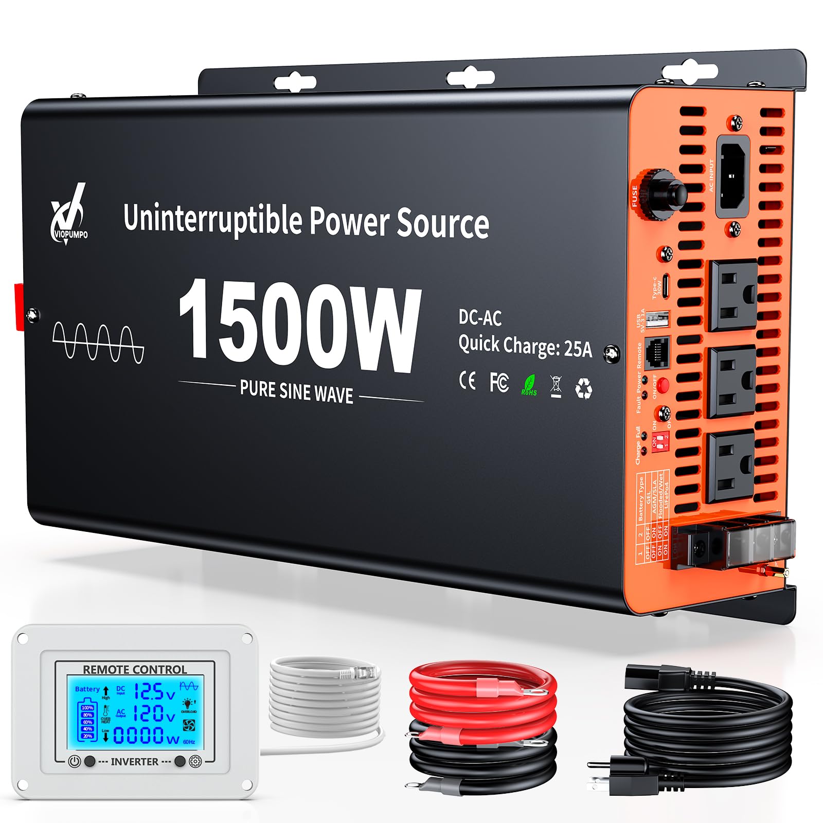 1500 Watt Sump Pump Battery Backup System, Pure Sine Wave Output, Professional Backup System in The Event of a Power Outage, Remote Controller with LCD Screen, Automatic Grid and Battery Switchover