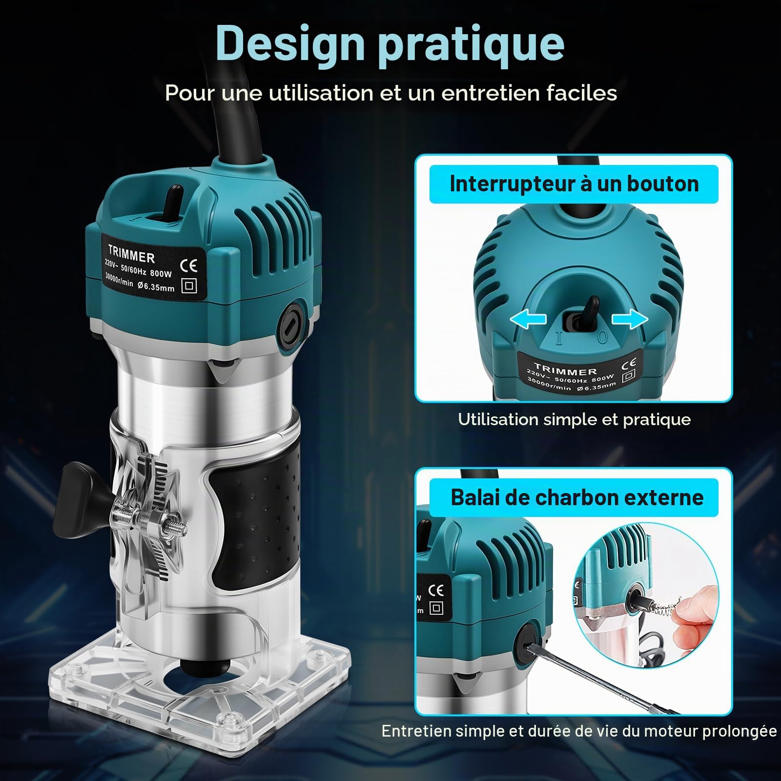 Affleureuse a Bois 800W, 30000tr/min Defonceuse Électrique, Réglage de la Profondeur, Boîtier en Aluminium, Fraiseuse Bois avec 15 Pièces Fraises à Défoncer Queue de 1/4" (6,35mm)
