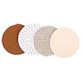 HURRISE 4pcs Cotton Coasters, Heat Resist Round Placemats for Kitchen Dinning Table Decoration, with Farmhouse Style Design for Modern Dining Settings (Brown Series)