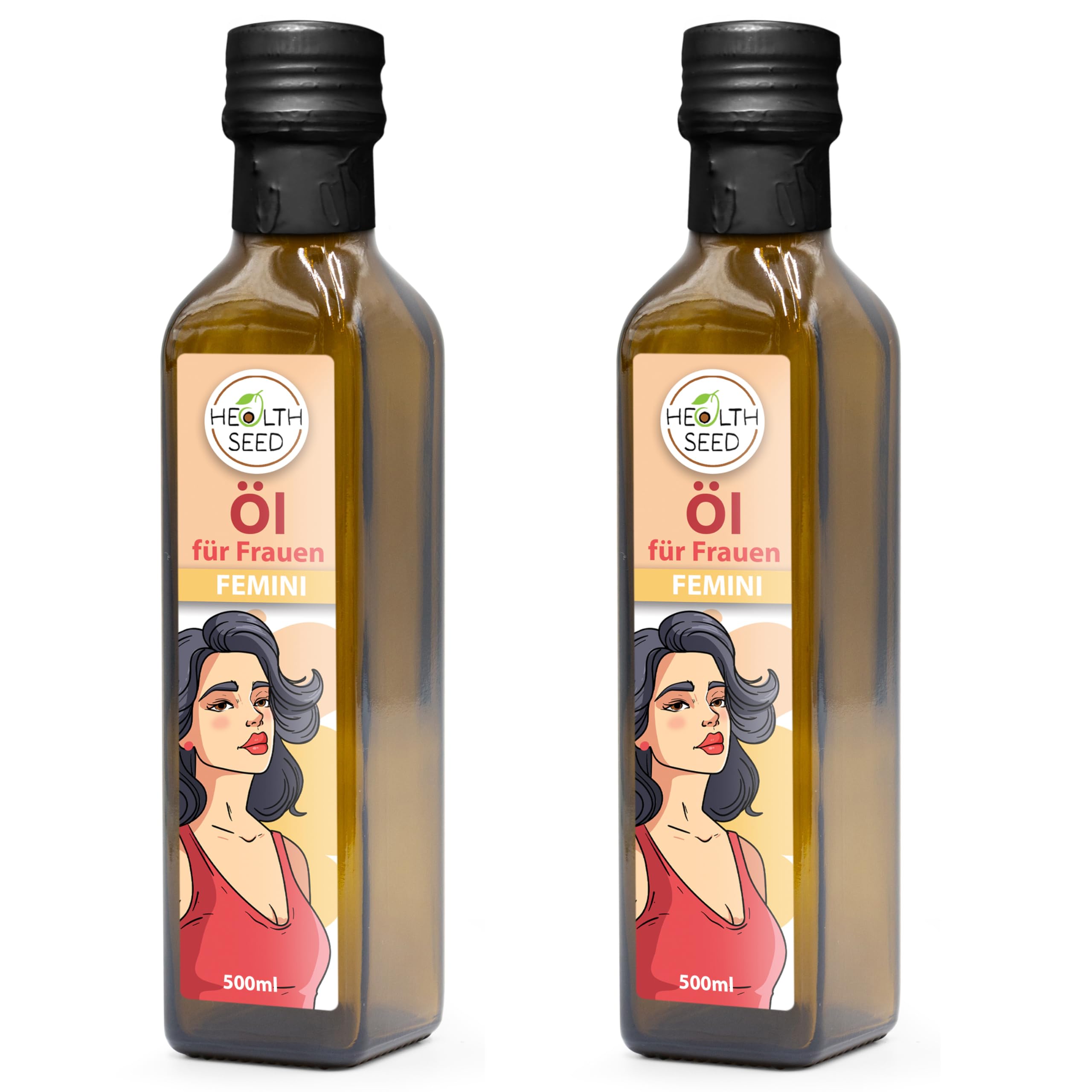 Health Seed® 2x500 / 1000 ml - Femini Öl für Frauen - Nachtkerzenöl Leinöl Hanföl Kürbiskernöl - 100% Rein Ungefiltert Kaltgepresst Glasflasche