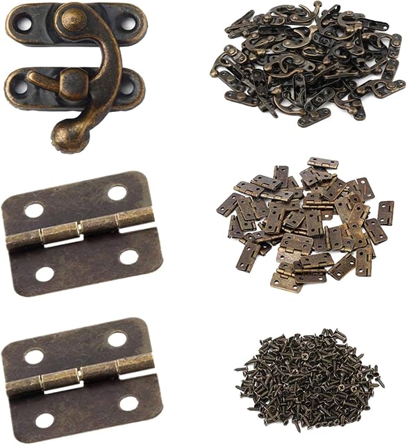 Gizhome 50 Pcs Antique Small Hinges Piano Hinges Decorative with 25 Pcs Mini Cabinet Latch Hasps for Small Wooden Toy Box Chest Doll House Jewellery BoxesBronze Tone