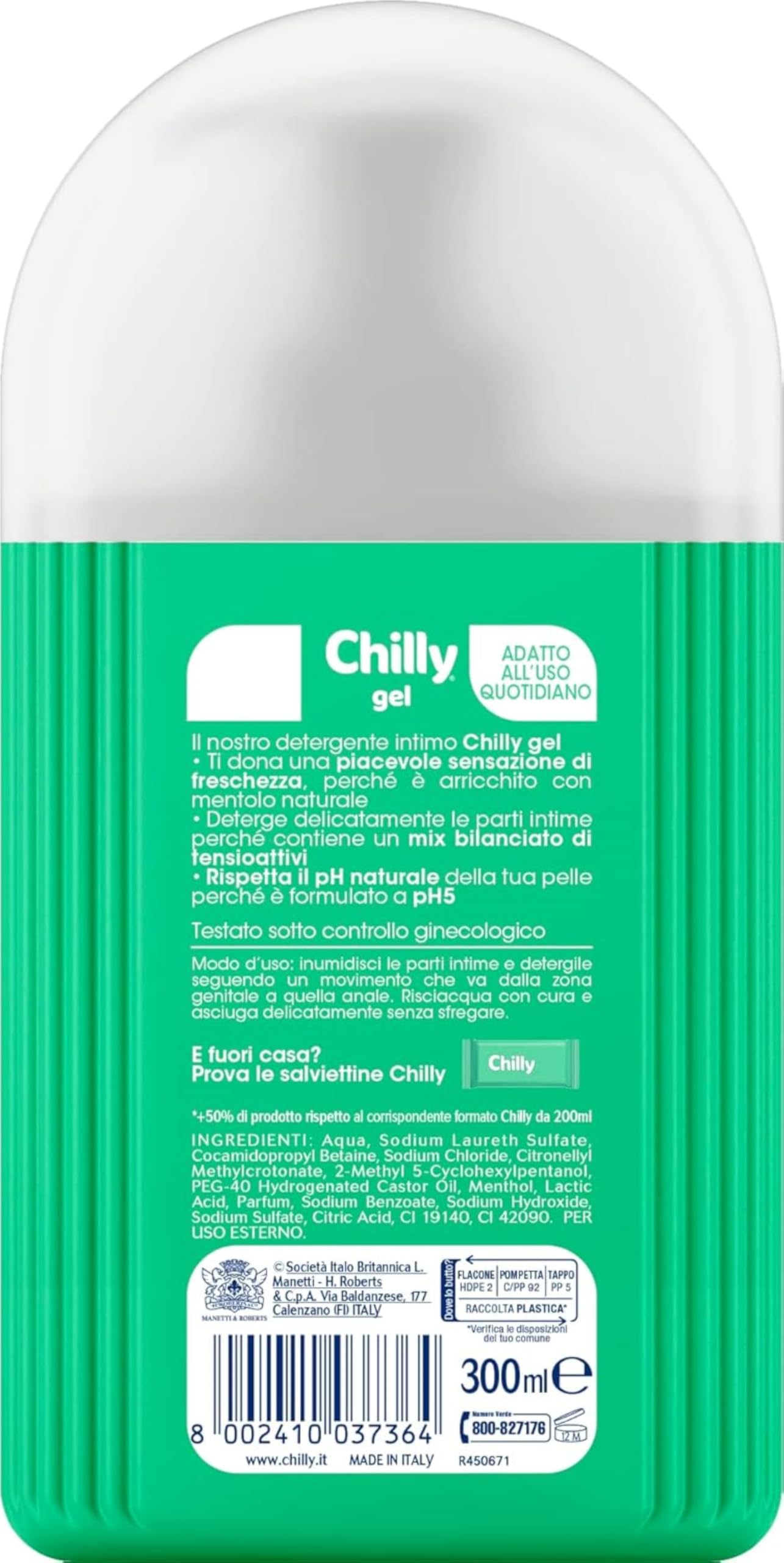 Chilly, Detergente Intimo Gel, Freschezza naturale a Lungo, con Anti-Odor, Per L'Igiene Intima, con Mentolo Naturale per una piacevole sensazione di freschezza, pH 5, Clinicamente Testato - 300 ml