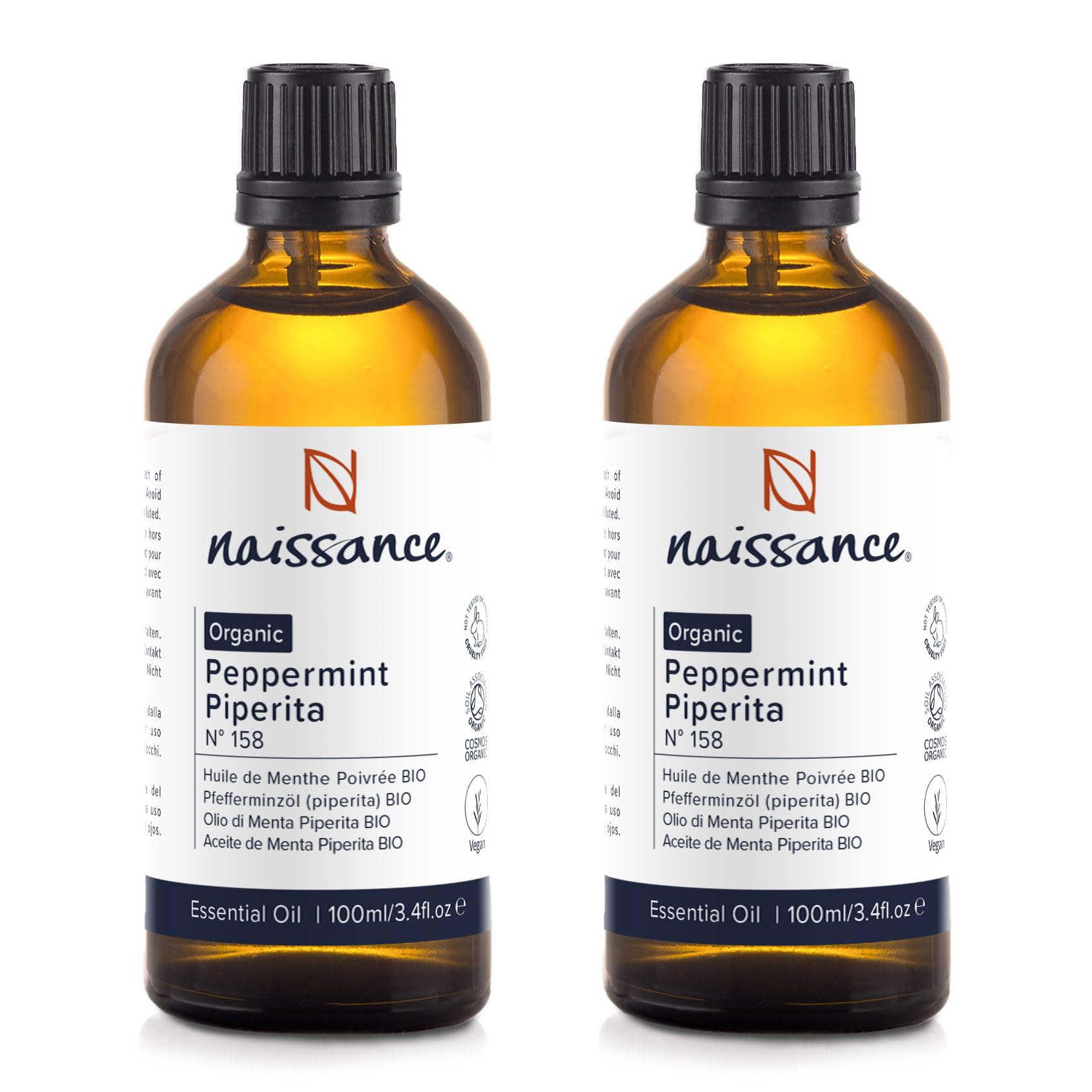Naissance Olio Essenziale di Menta Piperita Biologico (No. 158) - 200ml (2x100) - Puro, Naturale - per Aromaterapia, Miscele da Massaggio e Diffusori