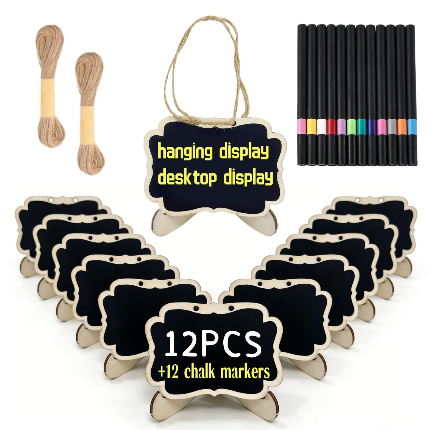 Photo 1 of 12 Pcs Reusable Mini Chalkboards Signs with Stands and Hanging String, Food Labels for Party Buffet, Small Double-Sided Blackboard for Weddings Birthday Table Numbers, Name/Price Tags, Place Cards