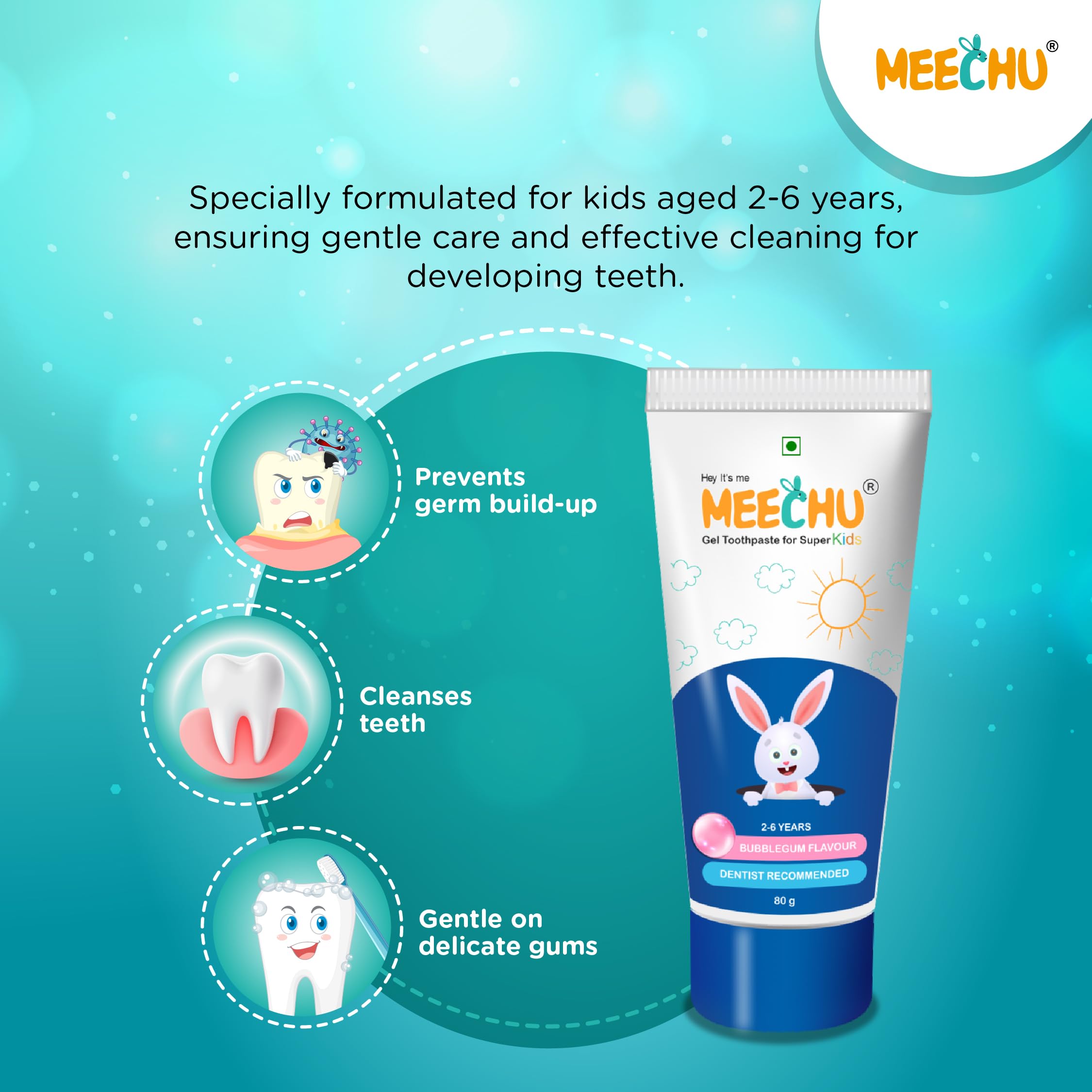Meechu Kids Toothpaste Bubblegum & Strawberry Flavour 80Gm | Contains 550ppm Fluoride for Cavity Protection | Strengthens Tooth Enamel | Pack of 2