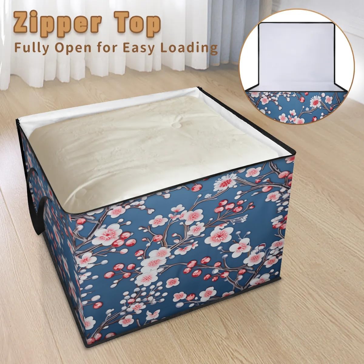 Honeybaby 214L Extra Large Comforter Storage Bag Blossoms Printed Cherry Storage Totes with Lids Waterproof Closet Organizer Folding Blanket Storage Bags for Clothes Bedding Pillows