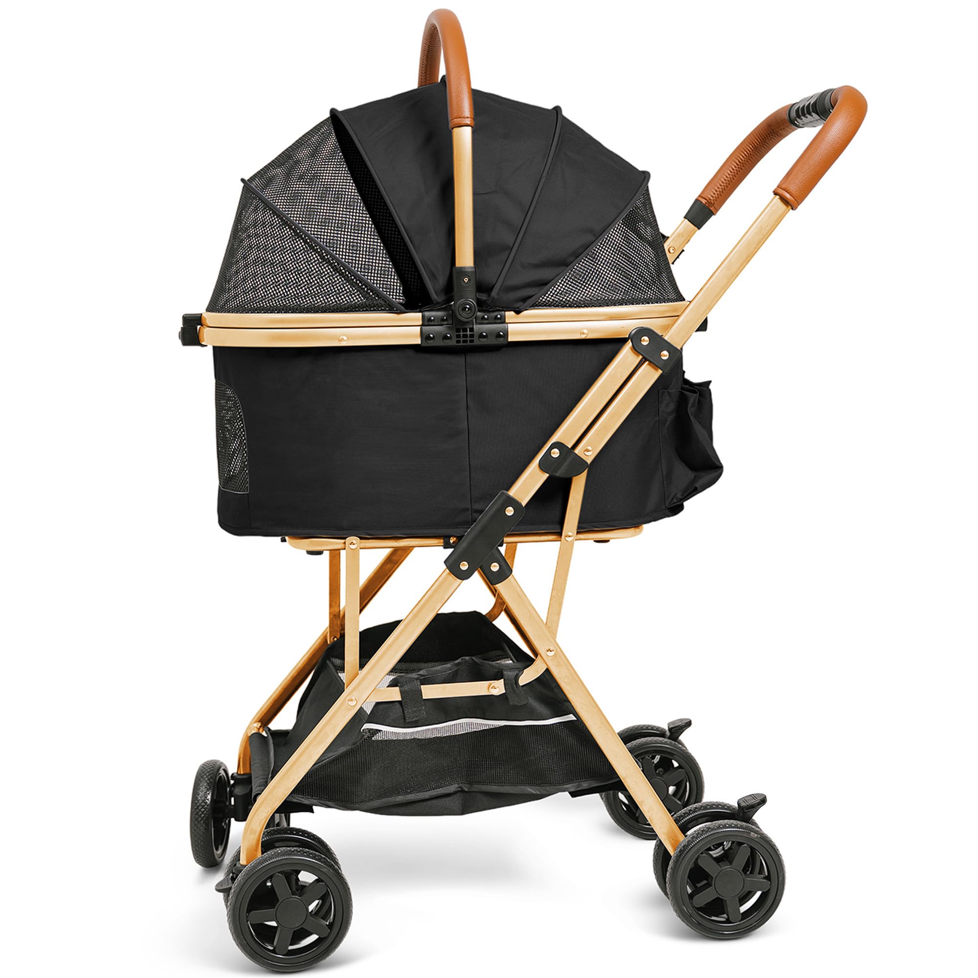 Dog Stroller, Pet Stroller, Cat Stroller – Zipperless Entry, Easy Fold with Removable Liner, Storage Basket + Cup Holder (Black)