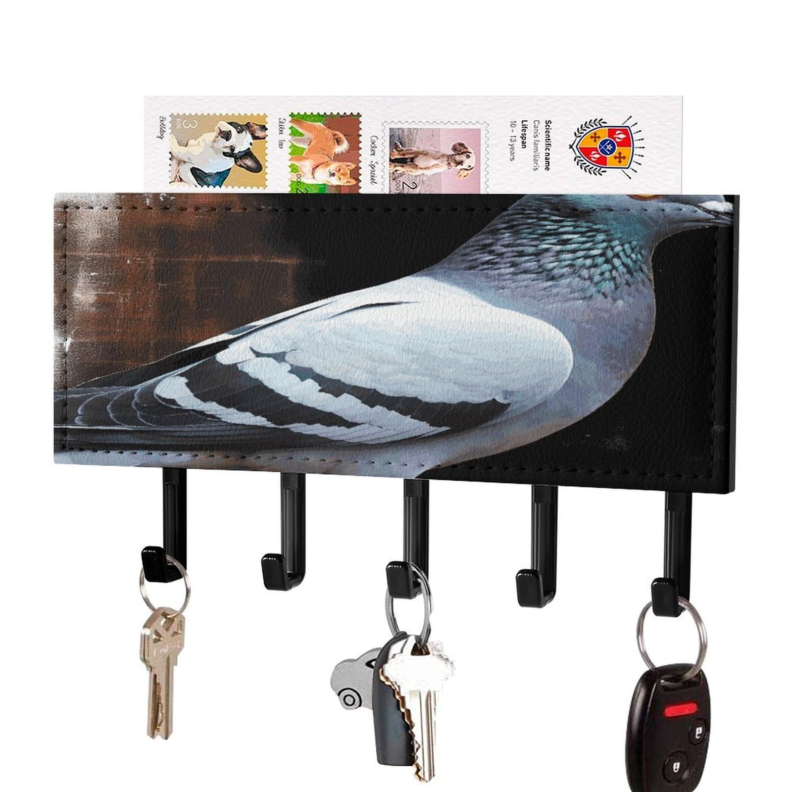 JTREHY Pigeon Key Holder Wall Mount Decorative Key and Mail Holder PU Leather Adhesive Key Organizer Hanging Key Hooks Wall Shelf with 5 Hooks for Entryway Hallway Office