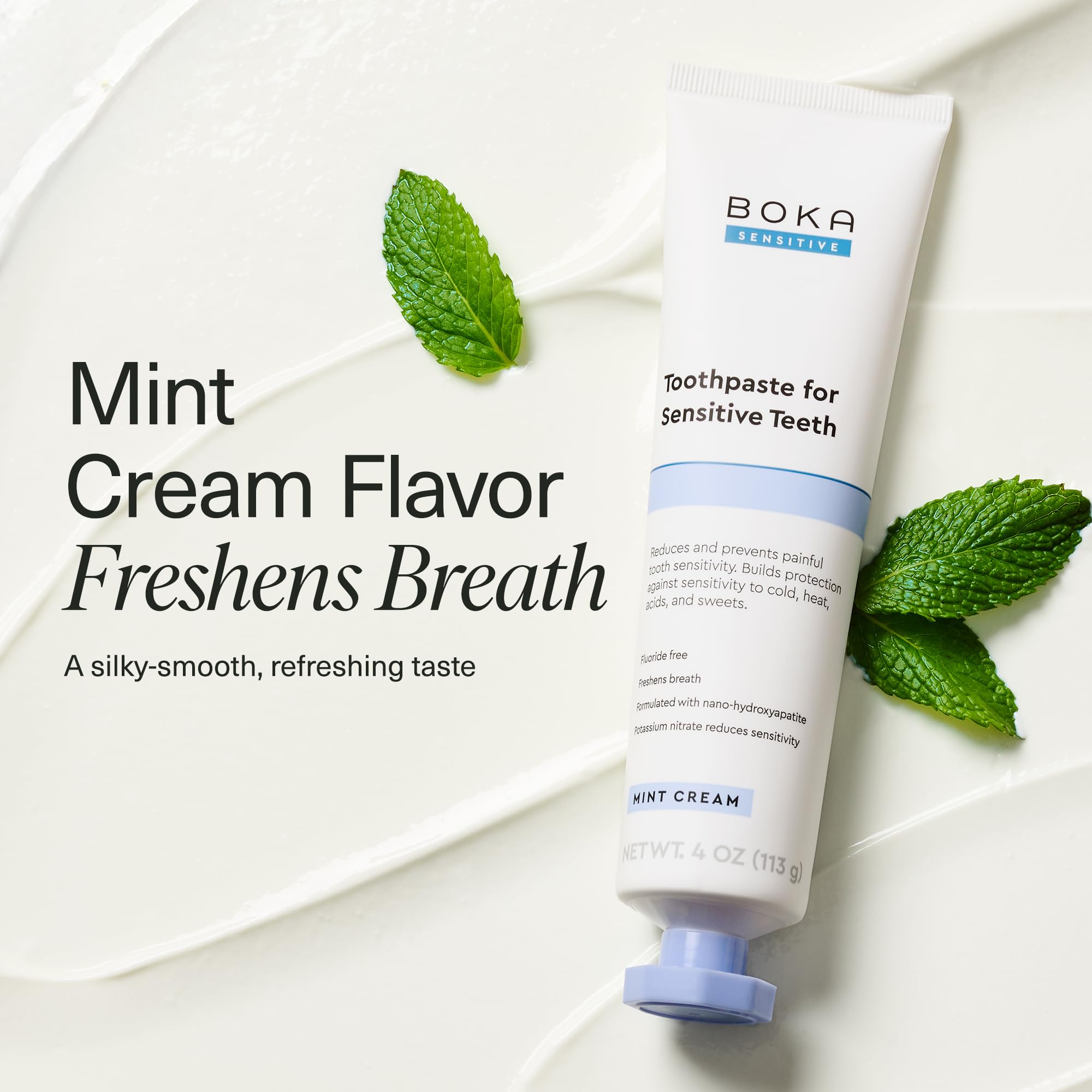 Boka Sensitive Toothpaste - Sensitive Teeth Relief, Fluoride Free, Nano Hydroxyapatite, Potassium Nitrate for Tooth Sensitivity and Protection for Adults - Mint Coconut Cream, 4 Fl Oz, 1 Pk