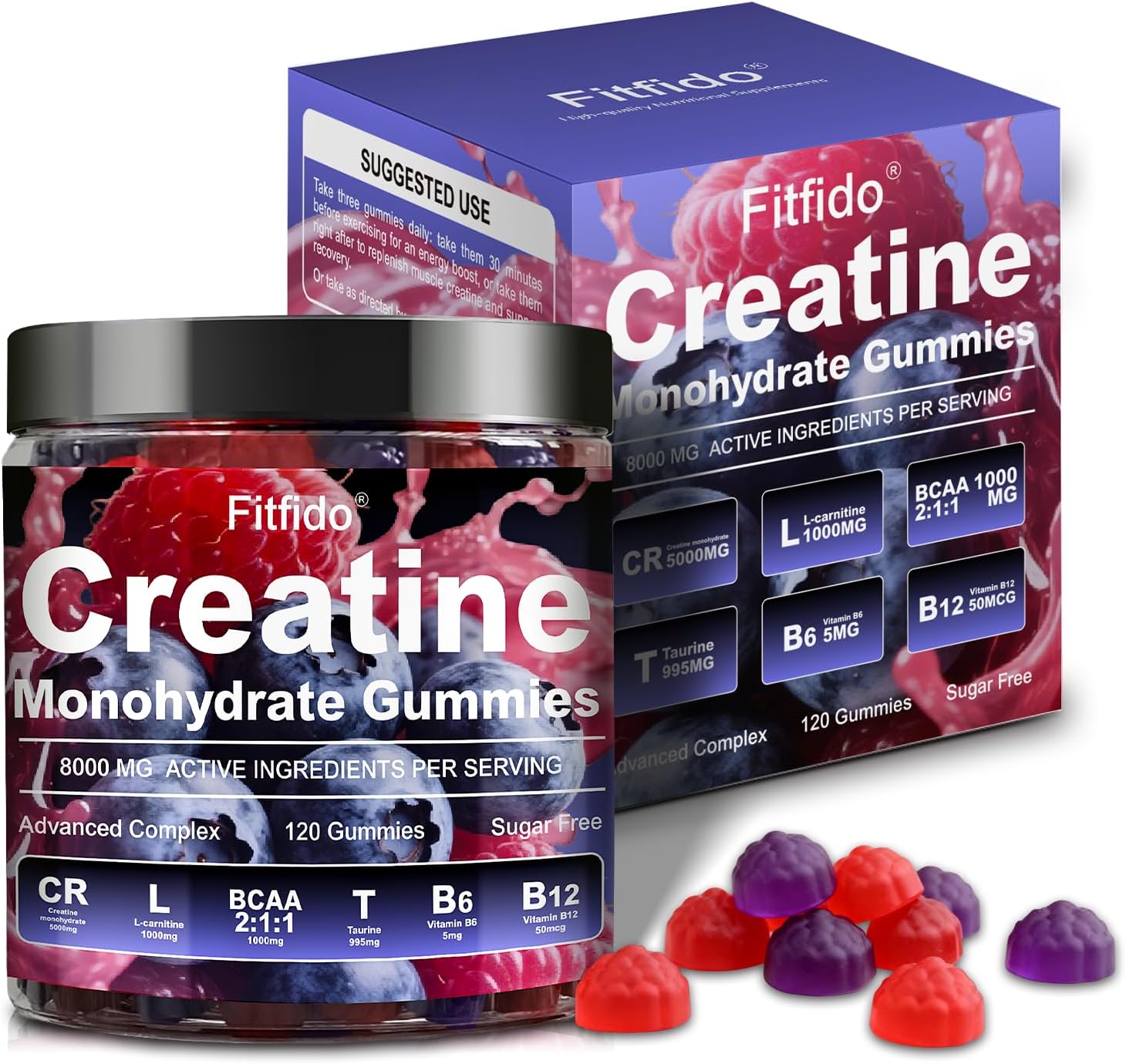 Creatine Monohydrate Gummies Complex 8000mg for Men and Women, Containing L-carnitine & Taurine, Build Muscle, Boost Energy, Faster Recovery, Sugar Free & Vegan, Raspberry & Blackberry, 120 Count
