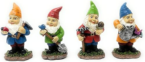 Nature's Mark Juego de 4 gnomos de jardinero de resina, estatua decorativa para el hogar (4 pulgadas de alto)