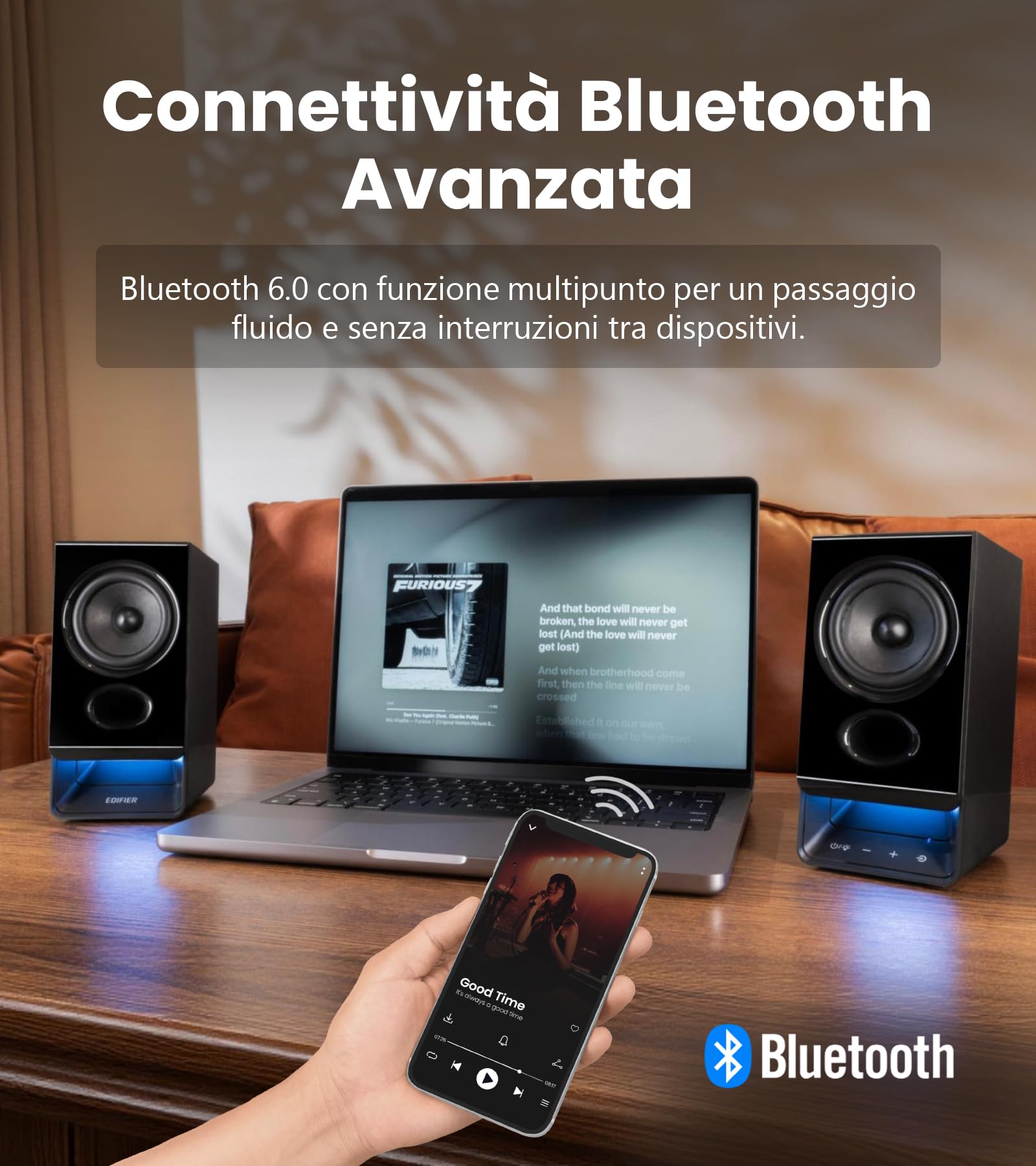Edifier R20BT Casse PC con Driver da 2,75 pollici a Tutto Campo, Bluetooth 6.0, Controlli Touch, Ingressi AUX/USB, Uscita Cuffie, Profili Luce/Suono Personalizzati via App - Nero