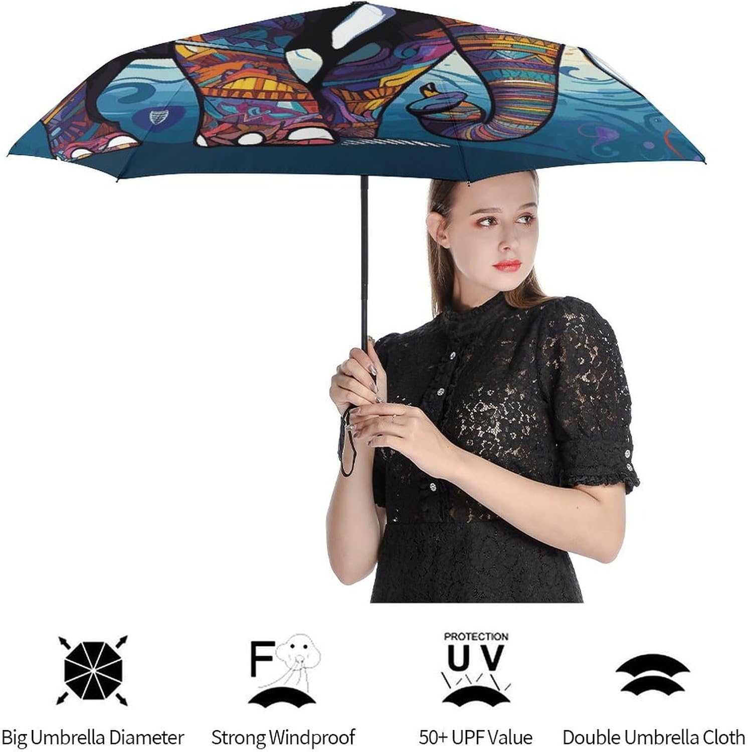 Travel Umbrella for Rain And Sun 3 Folding Automatic Open Lightweight Colorful Elephant Umbrella Compact Portable 8 Rib Umbrellas Fit Car Purse Backpack for Men Women