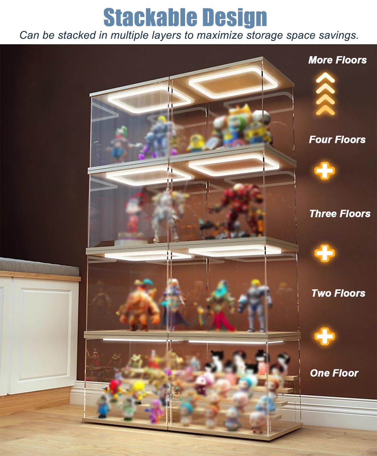 Acryl Vitrine Hohe LED-Acrylvitrine mit Beleuchteter Tür, PVC-Aufbewahrungsboxen für Sammlerstücke, Große Staubdichte Vitrine mit Holzsockel, für Puppen Und Figuren(40x40x60cm/16x16x24in)