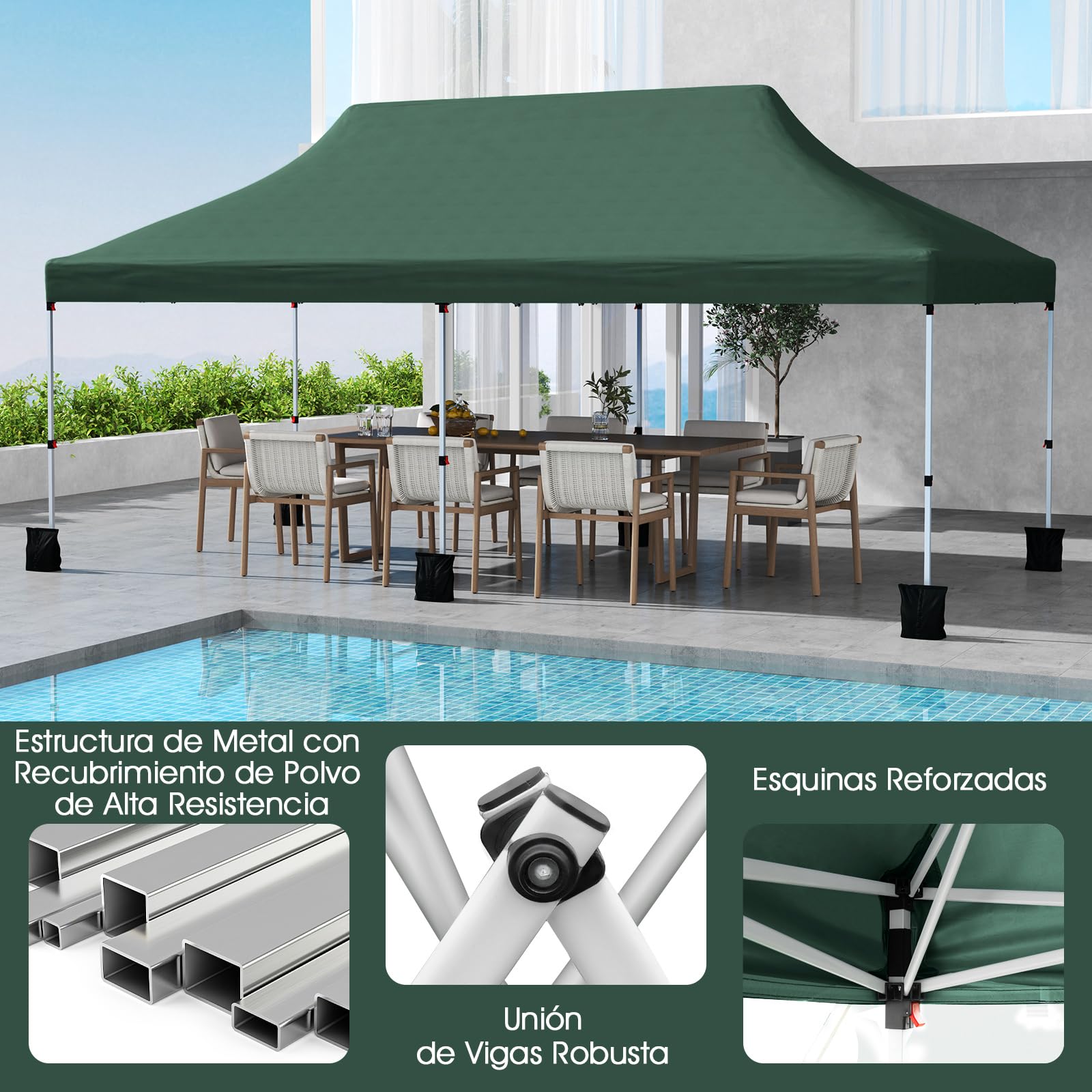 COSTWAY Carpa Plegable 3x6m, Pergolas de Jardin Pop UP, Protección UV 50+ Impermeable, Bolsa de Transporte, Cenadores Pabellón Jardin Exteriores, 6 Sacos de Arena (Verde)