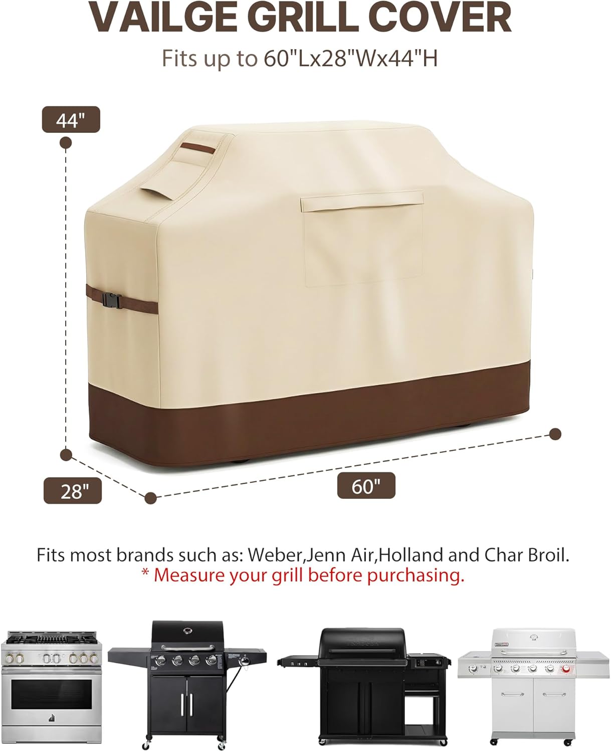 Vailge Grill Cover for Outdoor Grill,60-inch Waterproof BBQ Cover,600D Heavy Duty Gas Grill Cover, UV & Dust & Rip & Fading Resistant,Suitable for Weber, Brinkmann, Char Broil Grills and More,Beige