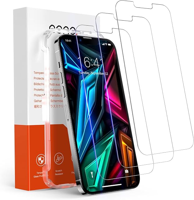 Amazon Brand - Eono UltraTough Tempered Glass Screen Protector for iPhone 14 and iPhone 13, 13 Pro, Premium Tempered Glass with Chemical Polish Technology, 9H-Hardness, Easy Align Tray - 3 Pack