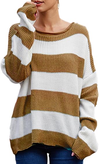 Women Loose Lantern Sleeve Round Neck Stripe Chunky Cable Knit Pullover Sweater Color Block Knitwear Pullover