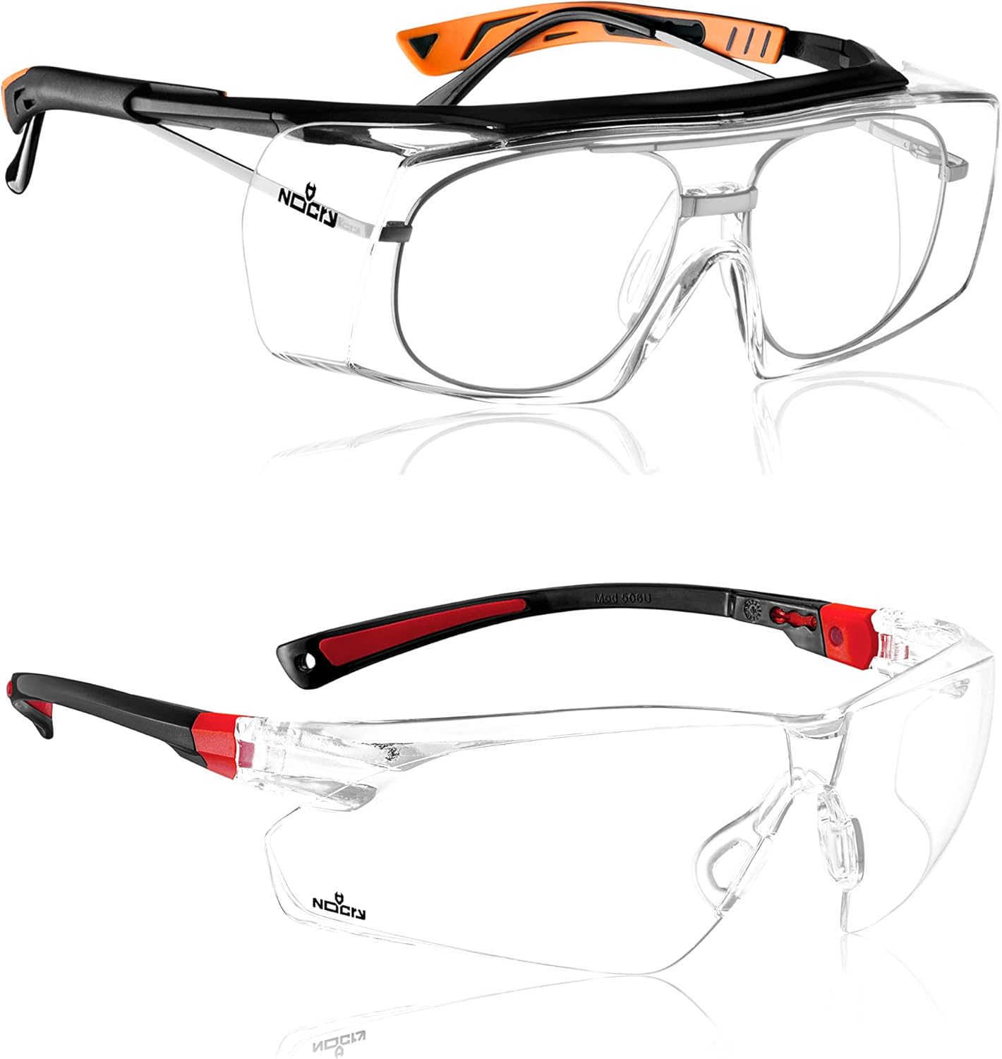 NoCry Safety Glasses That Fit Over Your Prescription Eyewear; UV400 Protection; 10 pack & Clear Safety Glasses for Men and Women; Lightweight Work Glasses with Adjustable Frames, Black & Red 10 pack