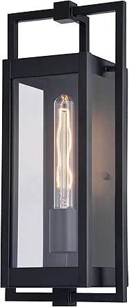 VAXCEL Sheridan 16.25 in. H 1-Light Matte Black Contemporary Outdoor Wall Sconce Made of Durable Metal, Clear Glass Shade, LED Compatible, Use for Exterior Porch Patio Front Door or Garage