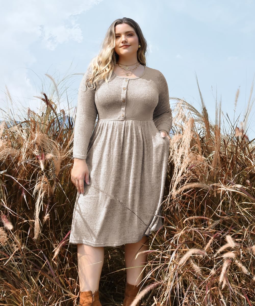 CARCOS Plus Size Sweater Dress Long Sleeve Henley Crew Neck Pullover Casual Fall Winter Knit Midi Dresses with Pocket XL-5XL - Image 2