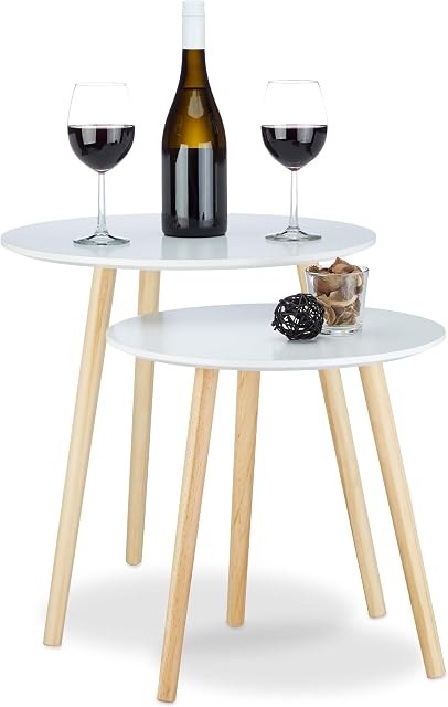 Set of 2 Round Dining Tables, Wood, Scandinavian Nordic Nested Tables, 70ies Diameters 39 and 47.5 cm
