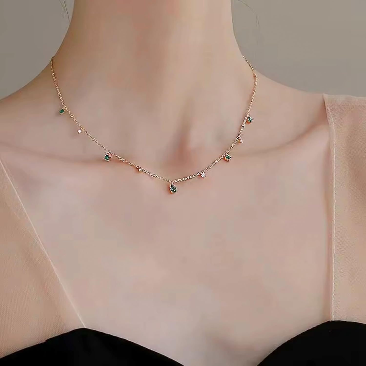 QueenBee 925 Sterling Silver 18K Gold Plated Green Teardrop Pendant Necklace for Women, Emerald Color CZ Station Chain, Adjustable 40+5cm, Christmas Valentine’s Day Mother’s Day Gift - Image 5