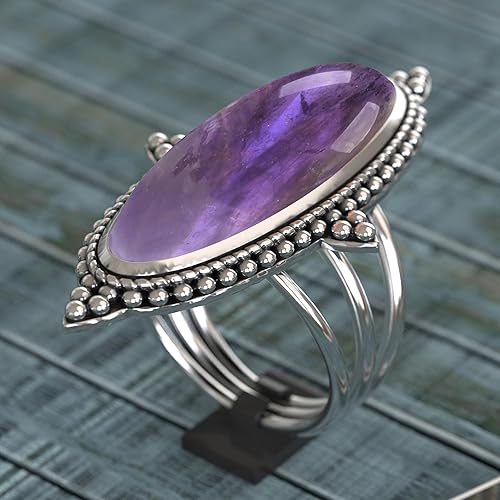 Miniatura 4 de Long Amethyst Ring 925 Sterling Silver Oval Shape Purple Color Stone Split Band Ring Natural Gemstone Simple Ring Made For Her Sale (5.5)