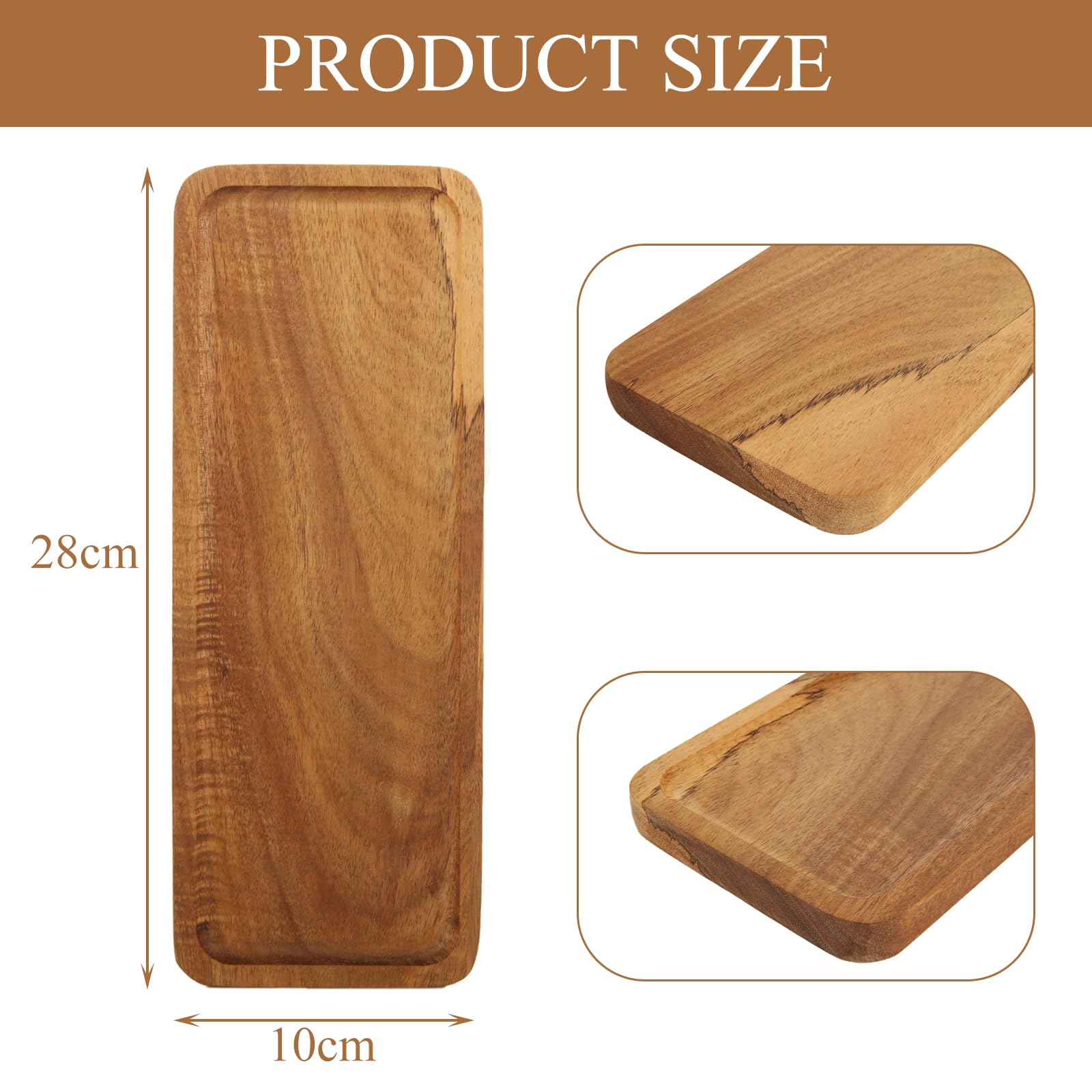 WOPPLXY Lot de 6 plateaux de service rectangulaires en bois d'acacia - 28 x 10 cm - Pour nourriture, apéritif, décoration