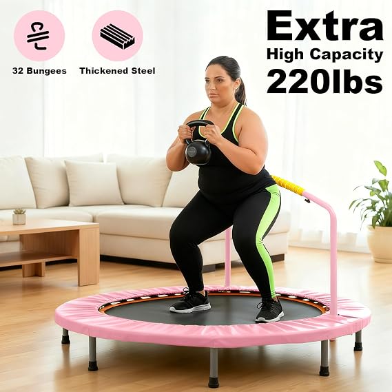 38'' Foldable Fitness Trampoline for Adults, Adjustable Handle Rebounder, Mini Trampoline for Indoor & Outdoor Workout, 220 lbs Capacity with Foam Handle for All Levels