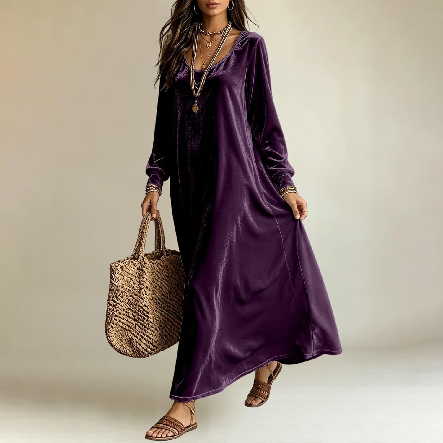 Women's Velour Maxi Dress Scoop Neck Long Sleeve Loose Fit Dresses