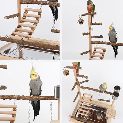 Bird Playground with Feeder Cups, Wooden Parrot Play Stand for Cockatiel, Parakeet