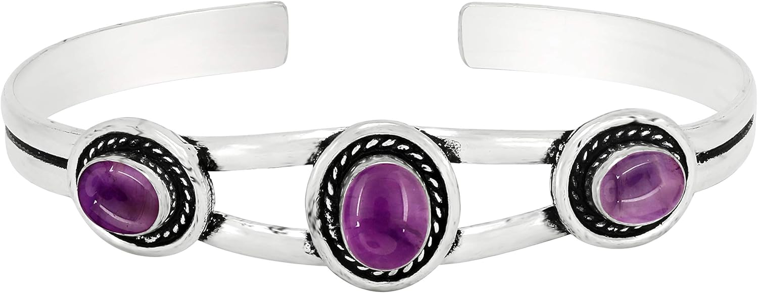 Natural Three Gemstones 925 Silver Overlay Open Bangle for Women - Oval Stone Vintage Style Handmade Adjustable Cuff Bracelet Jewelry - Perfect for Wedding & Special Occasions - Image 3