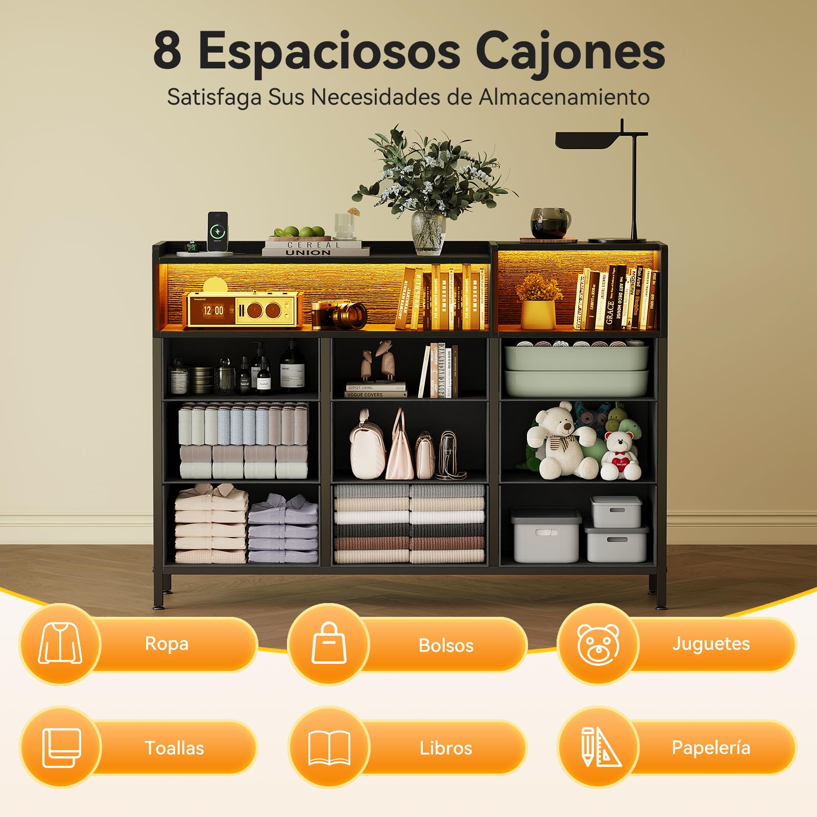 ODK Comoda Dormitorio, con LED, 2 enchufes y 2 USB, con 9 Cajones de Tela | Cajonera para Salón y Dormitorio, Tapa Madera, Marco Acero, Negro, 130 x 30 x 97cm