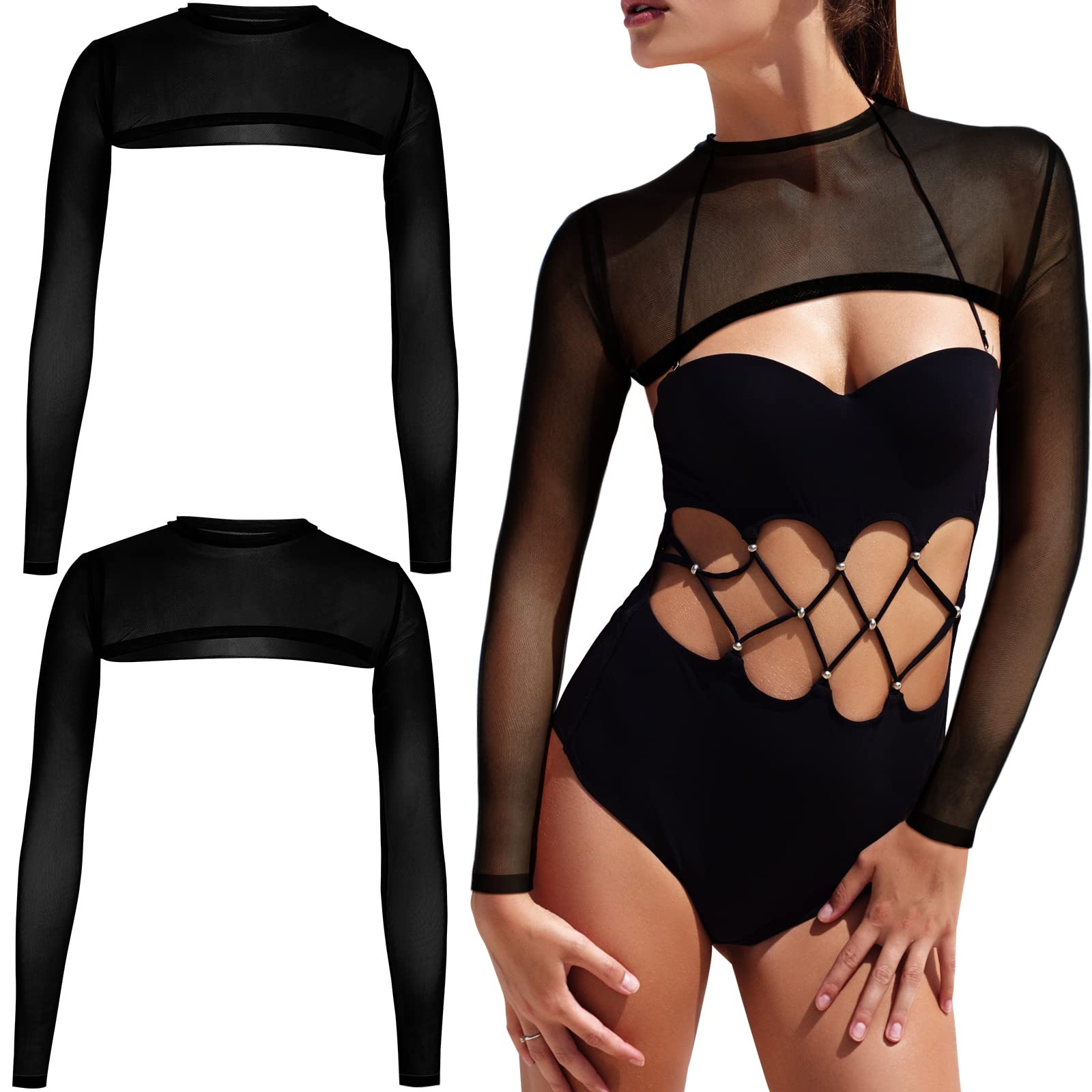 Chuarry 2 Women's Mesh Crop Tops Long Sleeve Sheer Mesh Bolero Open Front See Through Shirt for Yoga Sport