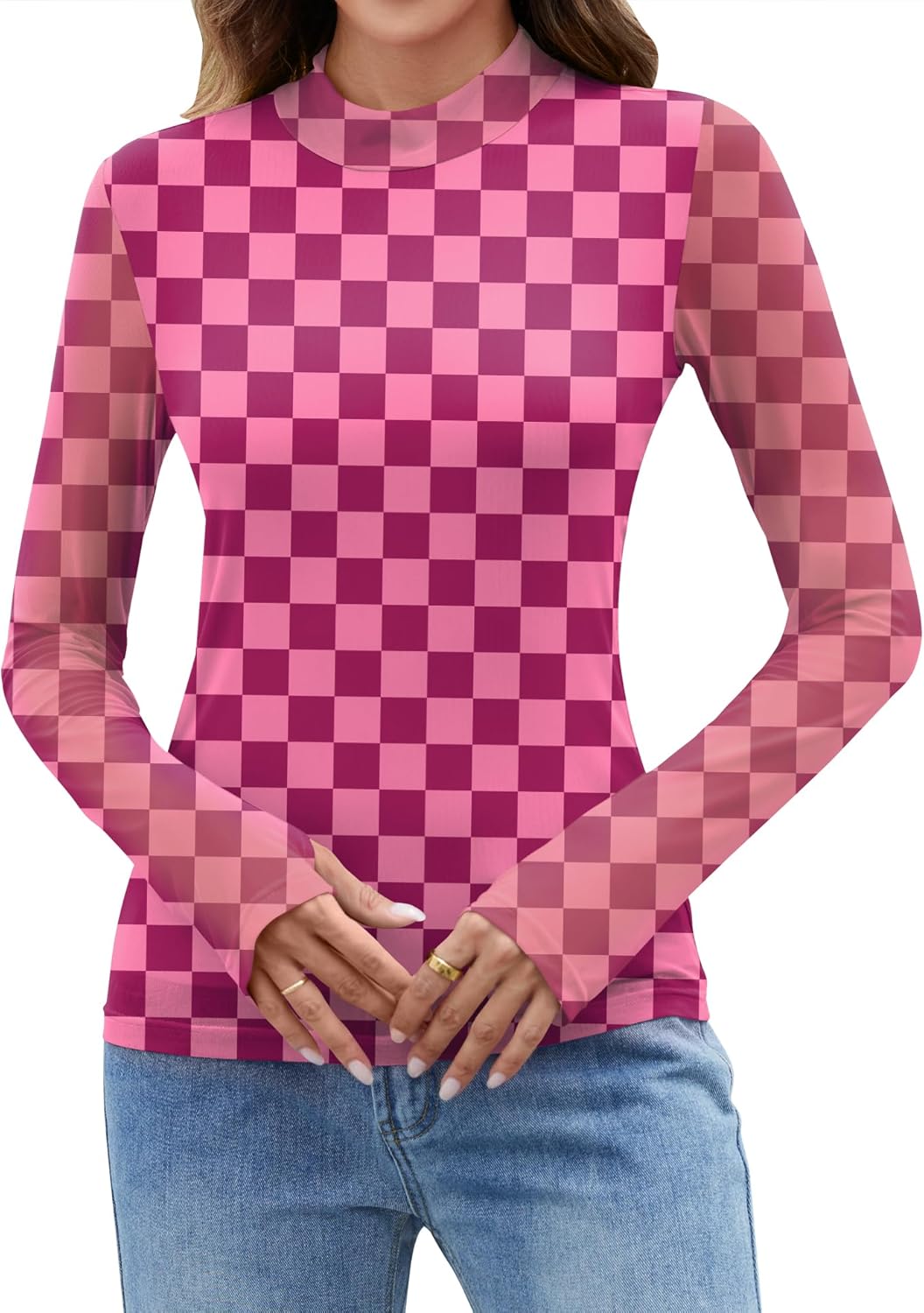 LOMON Mesh Long Sleeve Tops for Women Double Layered Sheer Shirts Mockneck Going Out Party Lace Blouse S-XXL