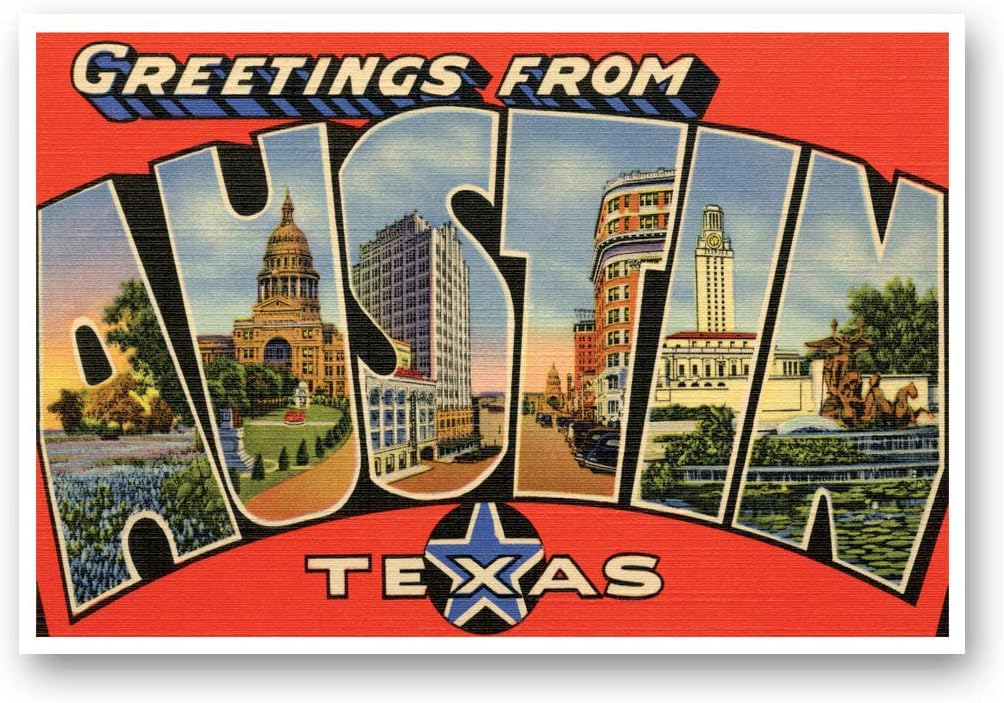 GREETINGS FROM AUSTIN, TX vintage reprint postcard set of 20 identical postcards. Large Letter Austin, Texas city name post card pack (ca. 1930's-1940's). Made in USA.