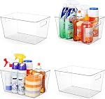 Vtopmart Bacs de rangement en plastique transparent pour cellier, 4 PCS Conteneurs de stockage de nourriture avec poignée pour armoire, cuisine, comptoirs, plateau, réfrigérateur, cellier Organisateurs , Grand