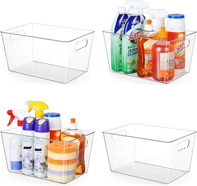 Vtopmart Bacs de rangement en plastique transparent pour cellier, 4 PCS Conteneurs de stockage de nourriture avec poignée pour armoire, cuisine, comptoirs, plateau, réfrigérateur, cellier Organisateurs , Grand