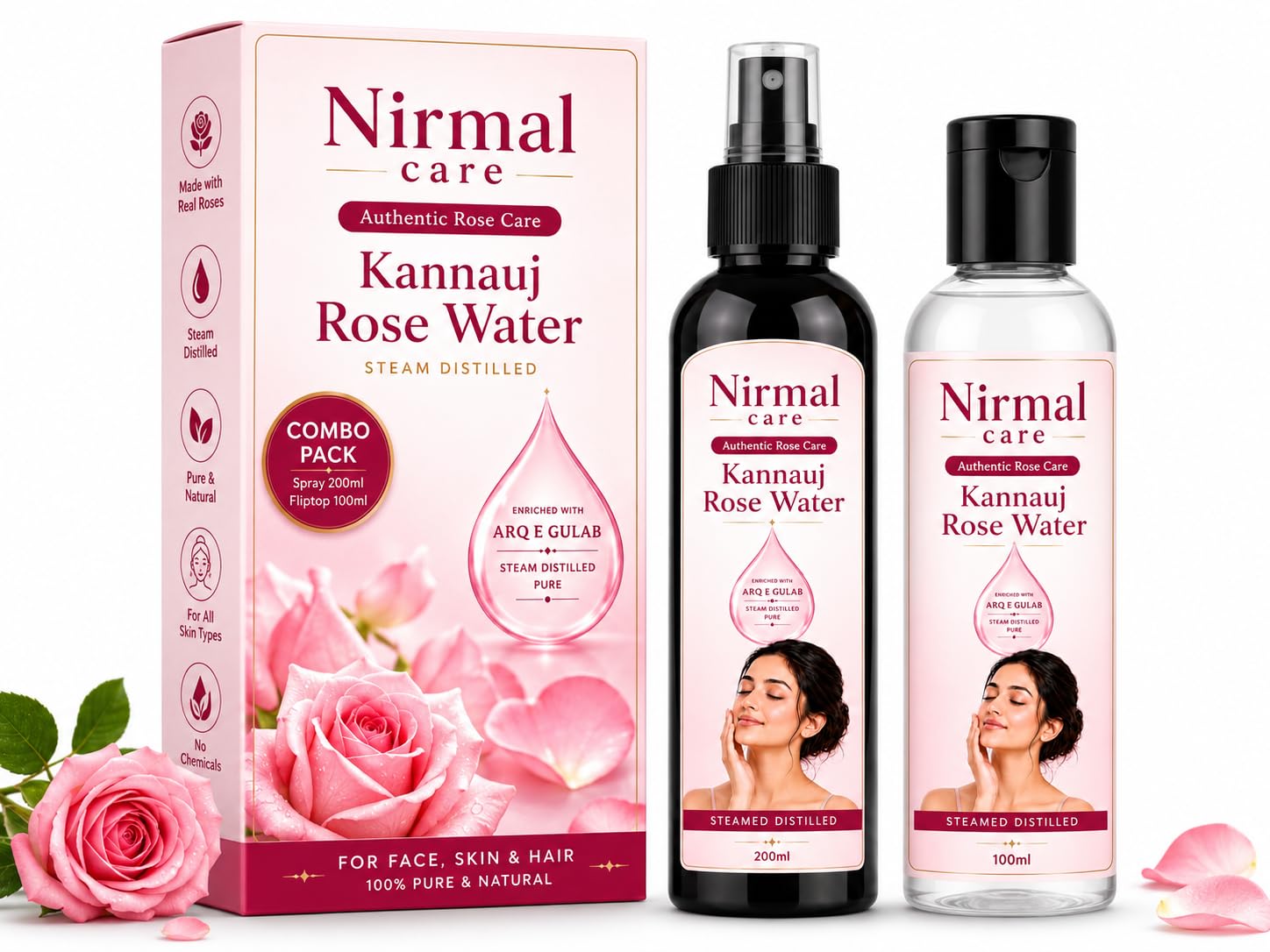 Kannauj Rose Water Combo Pack 200ml + 100ml | Steam Distilled, Alcohol-Free Formula, For Face, Skin & Hair, Arq e Gulab Enriched, All Skin Types-image-39