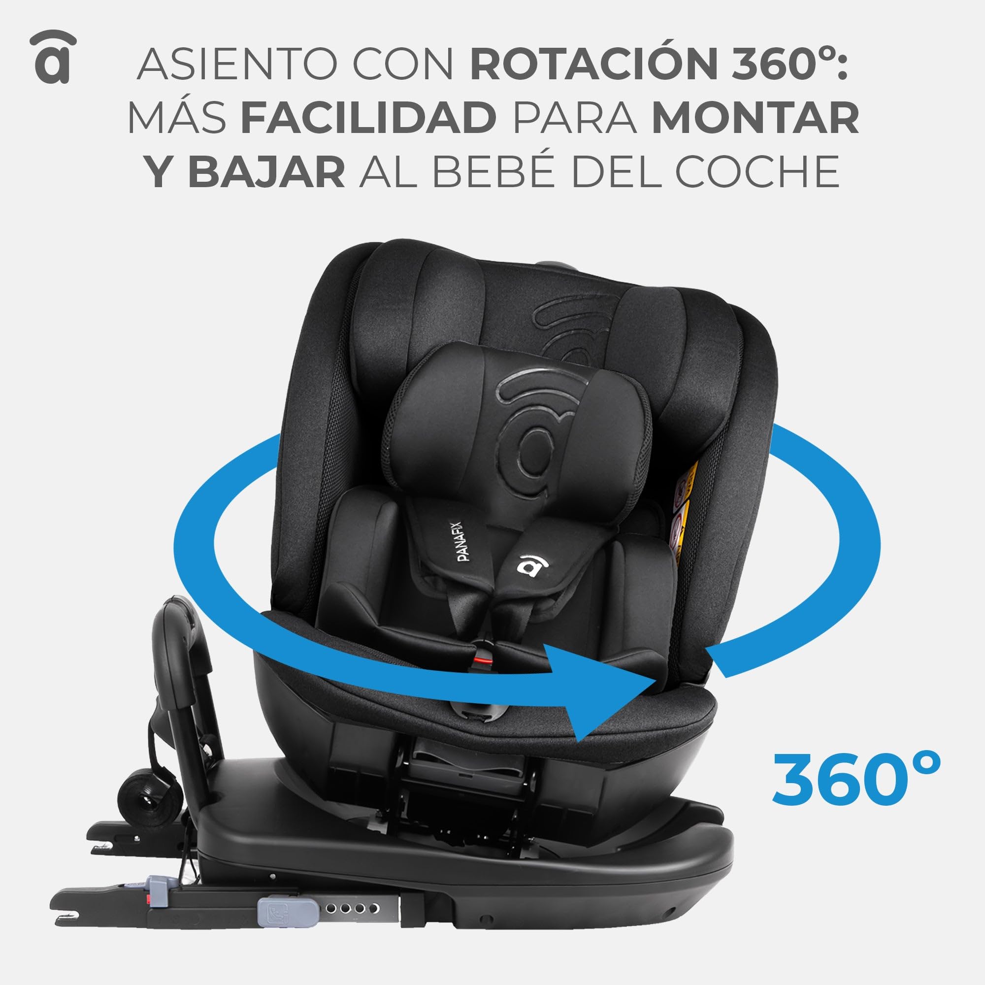Silla de Coche i-Size 40-150 cm Grupo 0 1 2 3, ISOFIX + Top Tether, Giro 360°, Contramarcha hasta 105 cm, Reclinable – Asalvo Panafix Gris