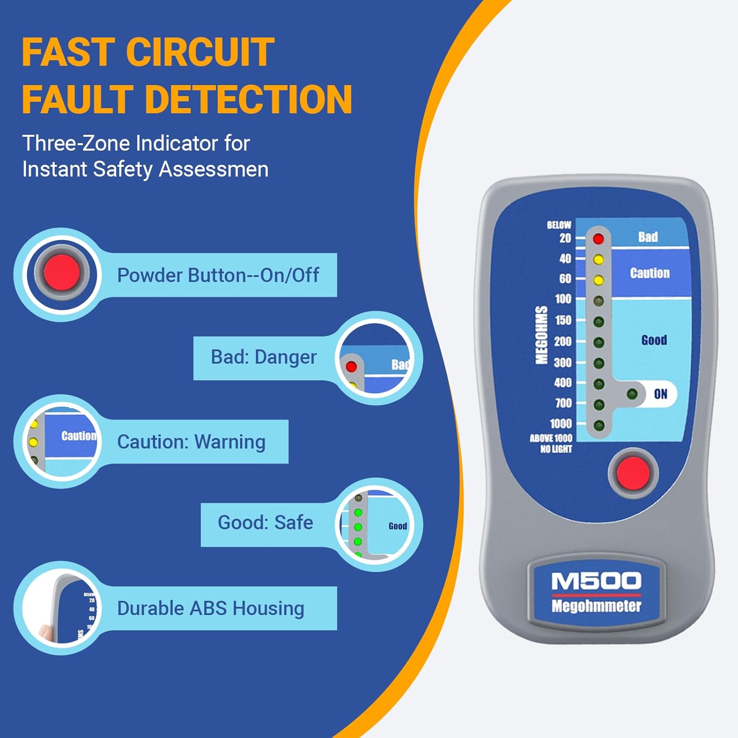 M500 Megohmmeter Insulation Tester, 500V Digital Megger Meter Measures Up to 1000 MΩ, Portable HVAC Motor & Compressor Insulation Resistance Tester with Test Leads and Carrying Case