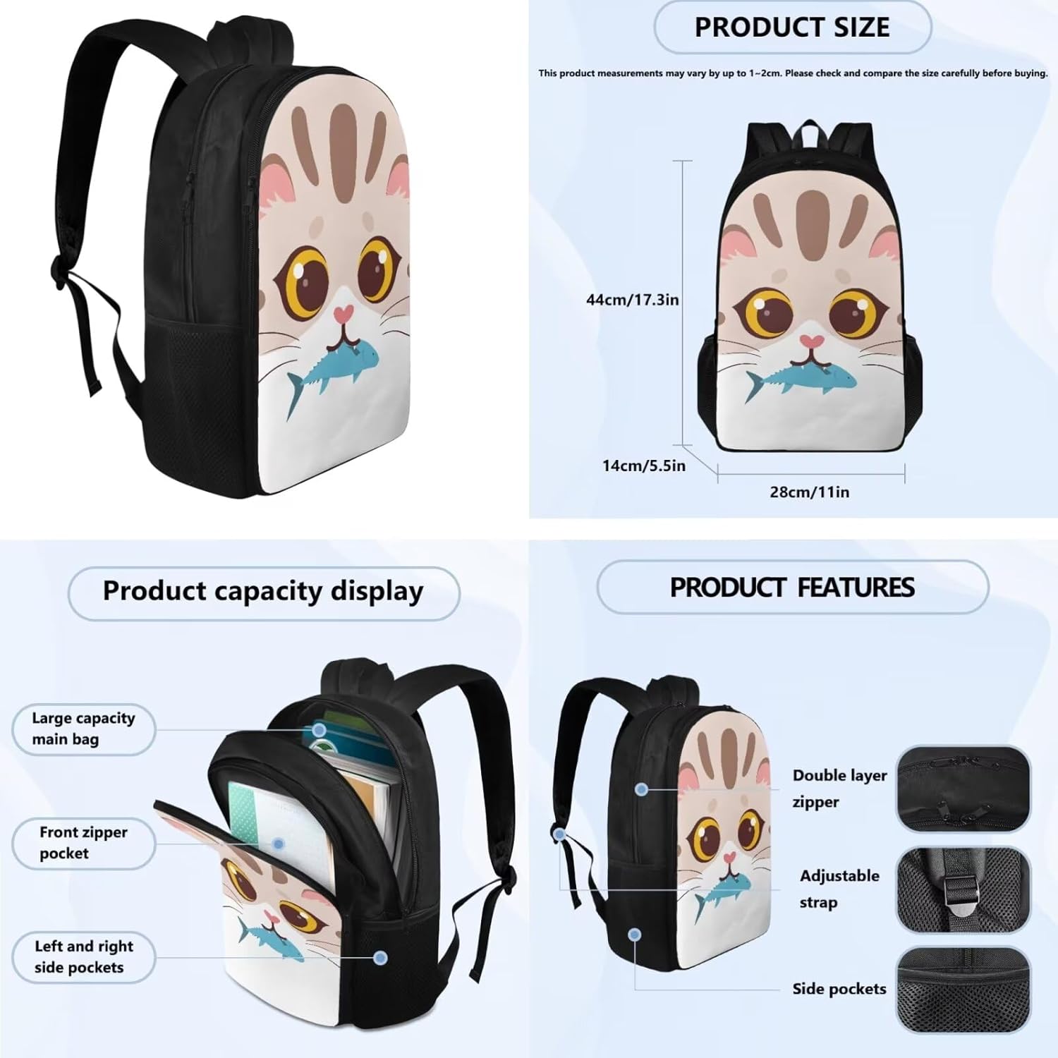 Cartoon Cat School Bags for Boys 12-14 Kids Backpack and Lunch Box Set and Pencil Box Cute Purses for Teen Girls 3 in 1 School Set for Schools Nurseries Kindergartens Birthday Gift