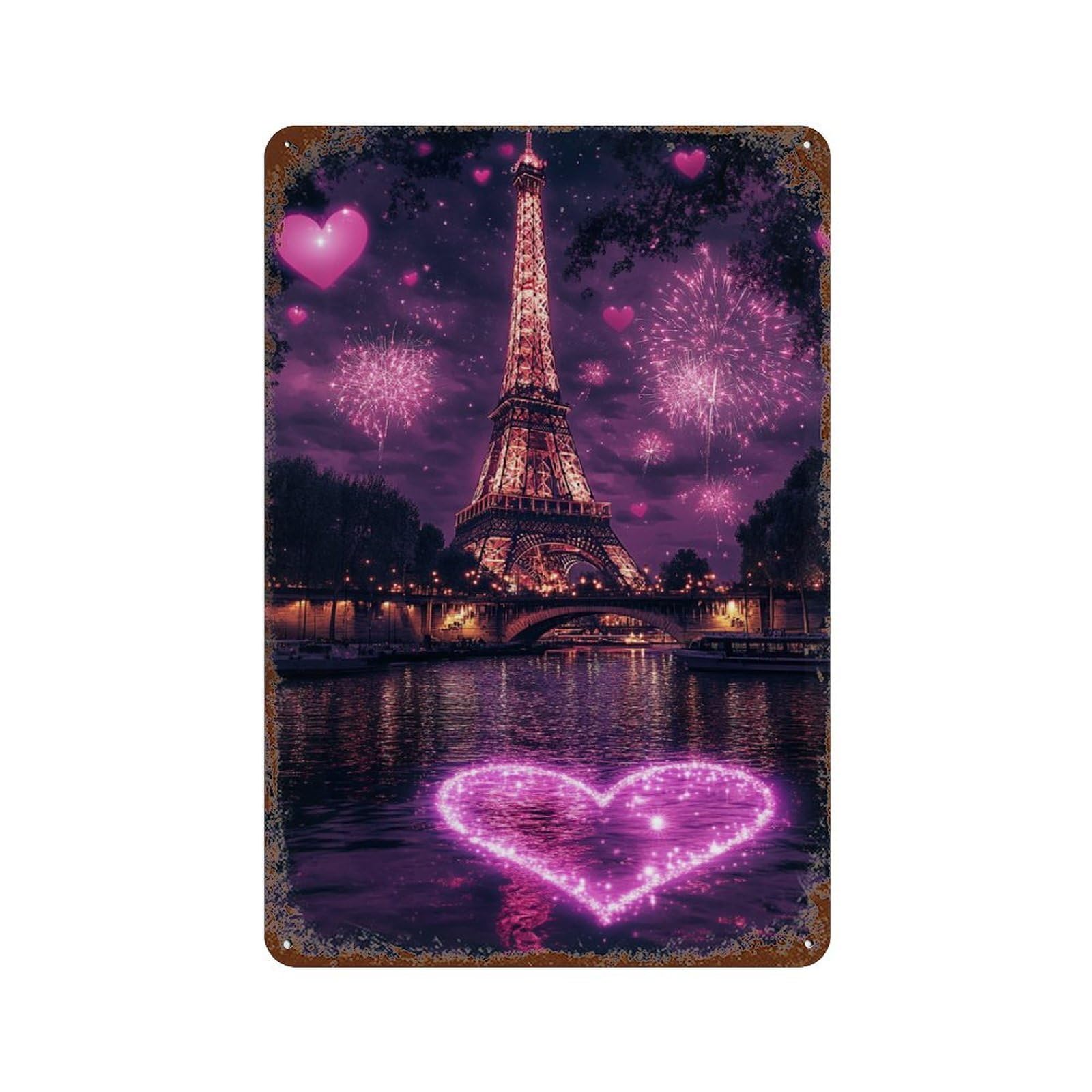 Paris Eiffel Tower Fireworks Romance Vintage Wall Sign 11.8"x7.9", Rust Effect Metal Decor for Basement, Hobby Room And Garage Decor