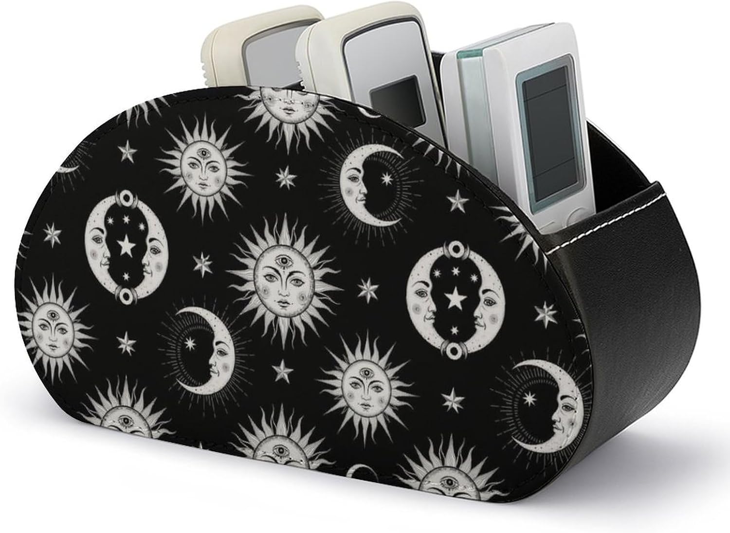 PU Leather Remote Organizer Box, 5-Compartment Storage for TV Remotes, Media Controllers, and Home Desk, Black And White Crescent Moon Sun And Moon