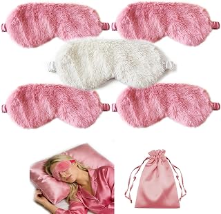 WJing Yi Jia Faux Fur Sleep Eye Mask, Soft Plush, Light Blocking, 5 Pack, for Travel, Napping, Parties, and Gifts (Pale Rose, One Size)