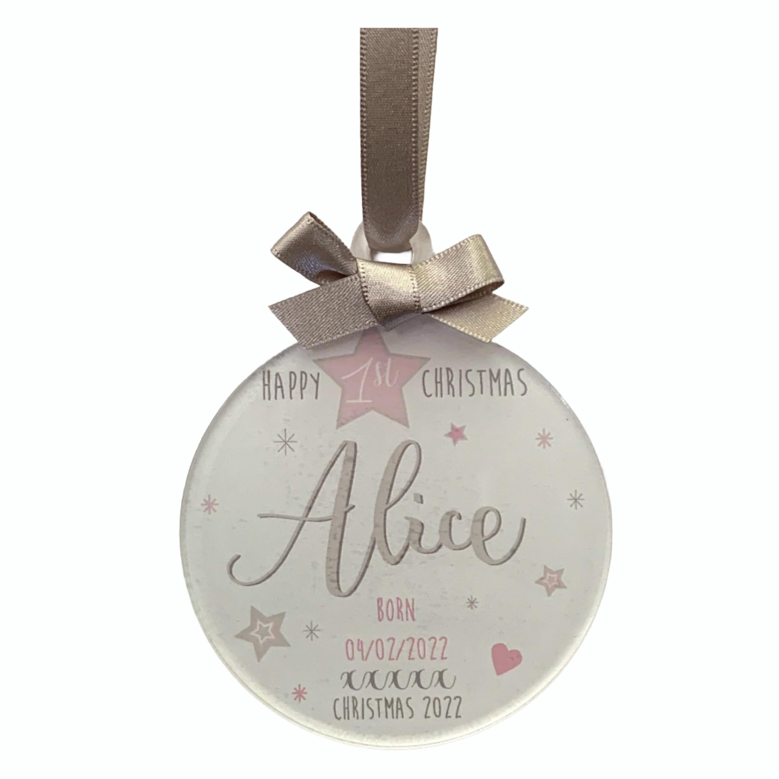 Baby's First 1st Christmas Bauble Personalised Decoration Ornament (Silver Ribbon)