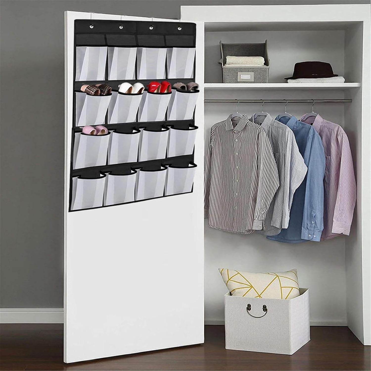 ドア越しシューズナイザー 吊り下げ式クローゼットシューズハンガー 16個の大きなポケット付き 靴収納ラックホルダー メンズ レディー