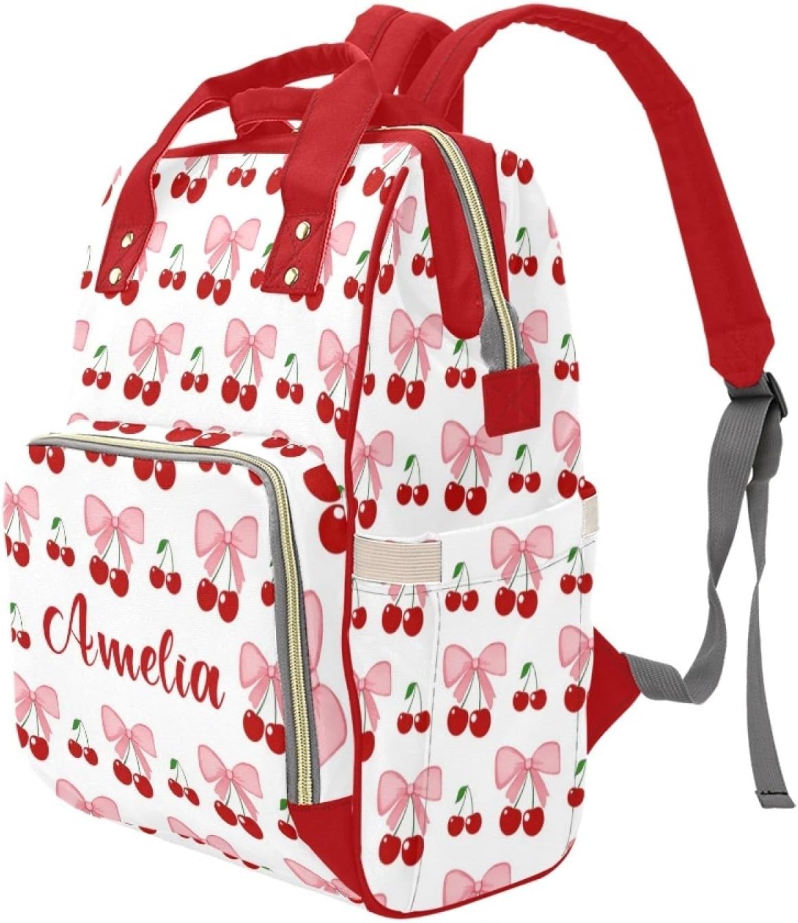 Personalized Baby Diaper Bag with Name, Custom Cherry Bow Diaper Backpack for Babies Girls, Customized Travel Backpack Daypack for New Mom Mommy